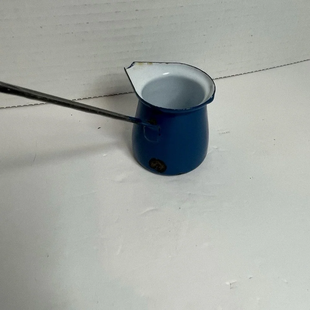 Blue Enamelware Yugoslavia Coffee Ladle Dipper Butter Syrup Warmer w/Spout VTG